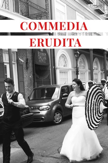 Cover of Commedia Erudita by David Bettencourt: a black-and-white New Orleans street scene — a bride with a striped parasol and a second-line band — with the title set in red.