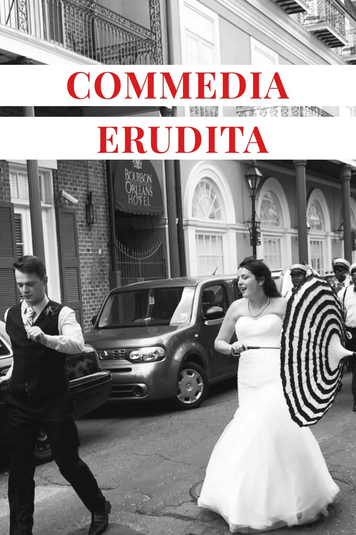 Cover of Commedia Erudita by David Bettencourt: a black-and-white New Orleans street scene — a bride with a striped parasol and a second-line band — with the title set in red.