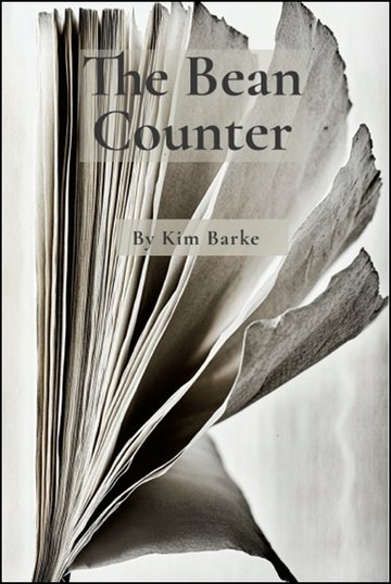 Cover of The Bean Counter by Kim Barke: a close-up photograph of a book's pages fanned open like a wing, in warm monochrome.